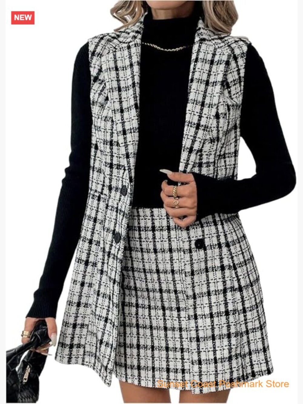Plaid Print Workwear 2 Piece Set Vest Blazer and Skirt Set